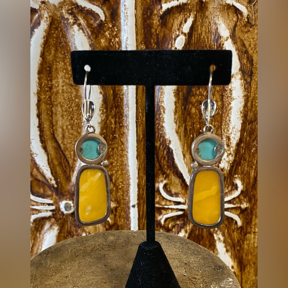 Vintage Turquoise and Butterscotch Amber Sterling Earrings - Picture 9 of 9